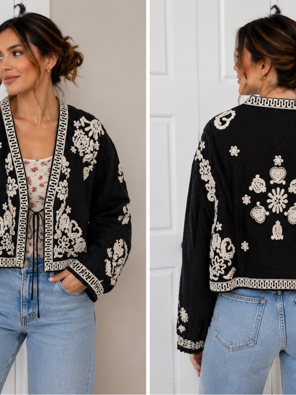 Free People Black Jacket with Cream and Burgundy Floral Lining